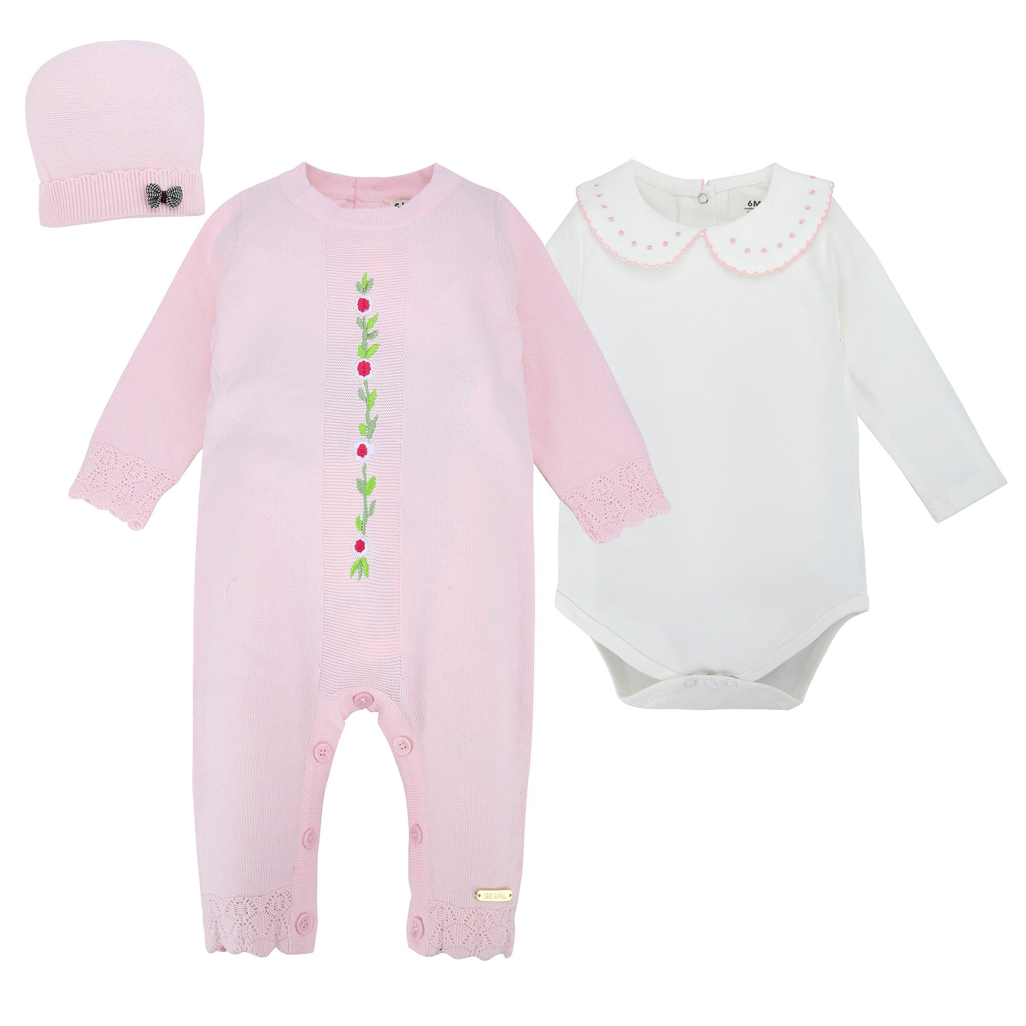 Set Enterizo de Hilo 3Pzs. - Rosado con Flores Bordadas